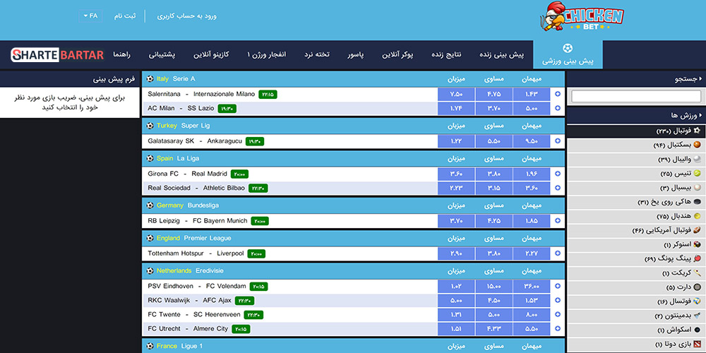 پیش بینی ورزشی در سایت چیکن بت
