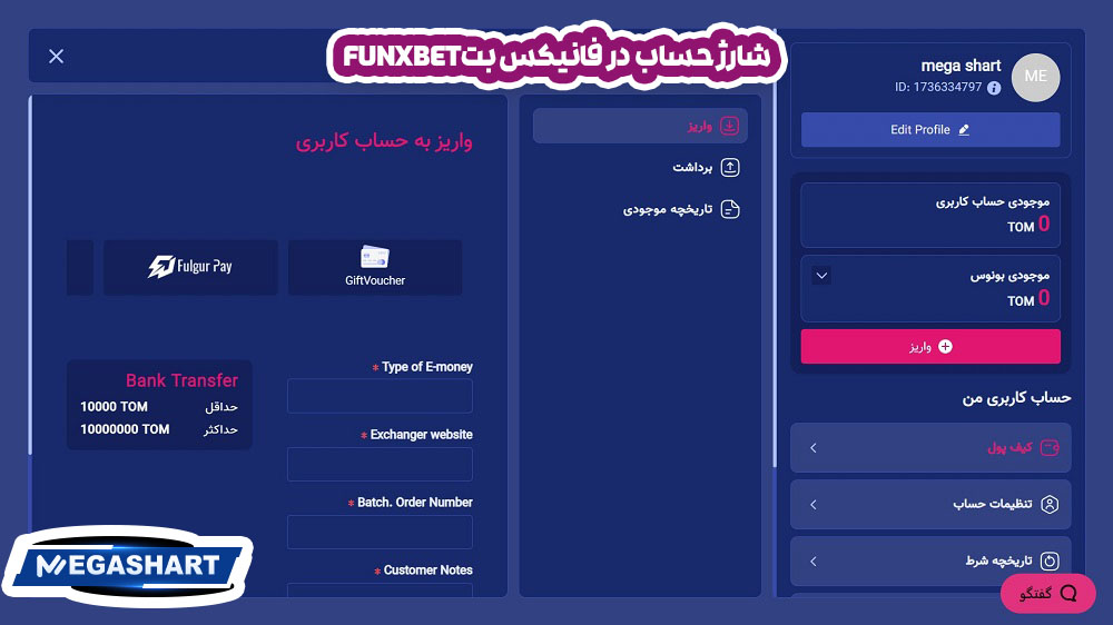 شارژ حساب  در  فانیکس بتFunxBet