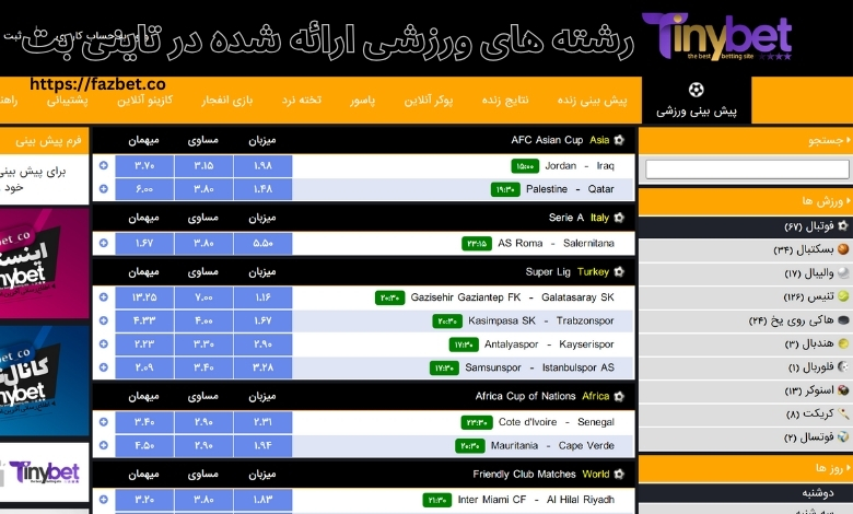 رشته های ورزشی ارائه شده در تاینی بت وی آی پی